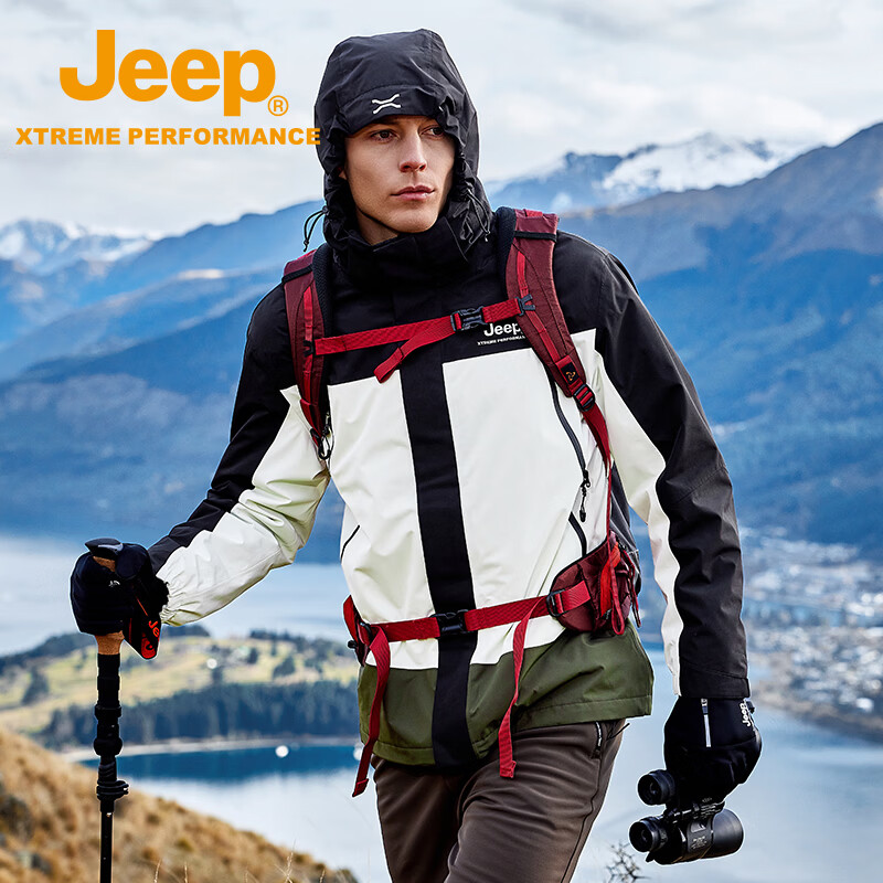 JEEP户外三合一冲锋衣春秋新款加绒夹克外套男士防风防水登山服 品牌黑 2XS/155/80B