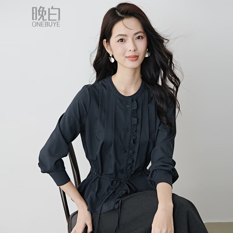 晚白2026年春款文艺复古花边圆领上衣抽绳收腰遮肉小众设计感衬衫女 深蓝色 S