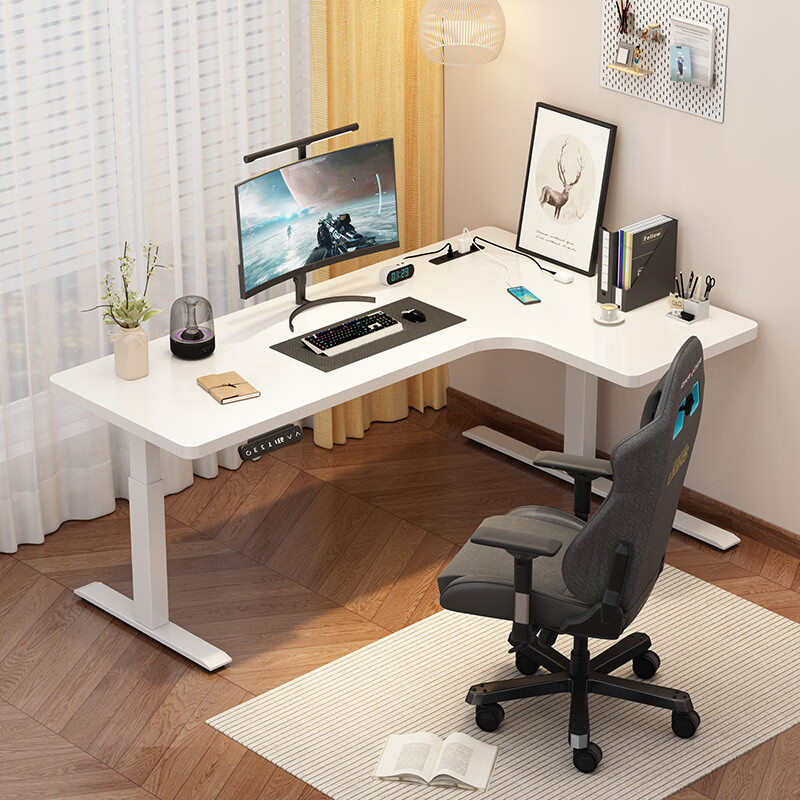 咏幻转角实木升降书桌家用学习桌办公桌工作台电竞桌电动升降桌电脑桌 3CM实木桌面[隐藏双电机]北美黑胡桃色左转 140x110x0cm