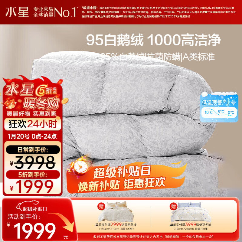 水星家纺羽绒被95%白鹅绒被子冬季加厚冬被芯双人羽绒被220cm×240cm1100g