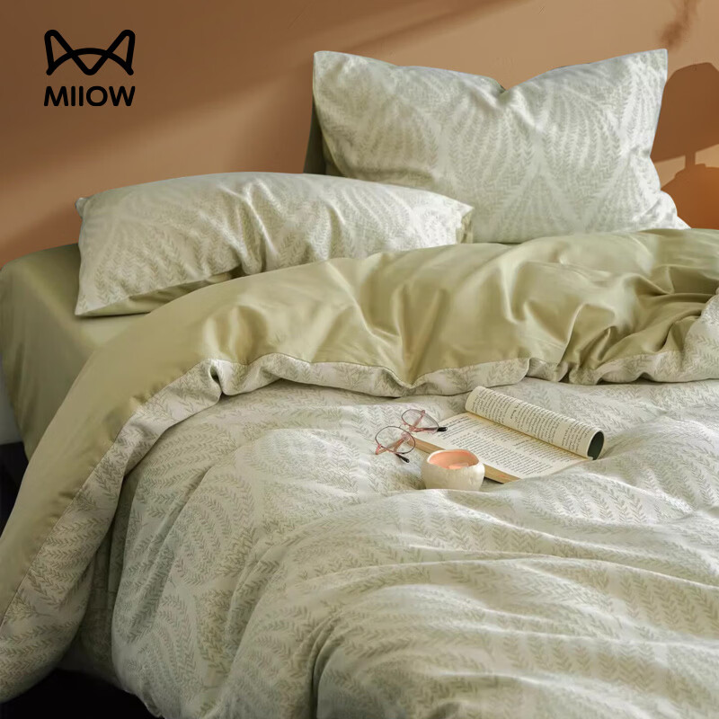猫人（MiiOW）全棉三层纱磨毛床上四件套纯棉高级感床单被套三件套床品四季通用 春意-浅草绿【全棉三层纱磨毛】 1.8m 床单款 四件套-200x230cm被套