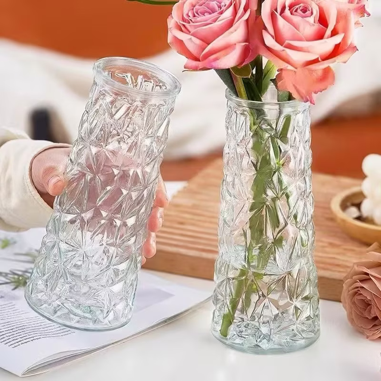 简约创意透明玻璃花瓶桌面水养玫瑰鲜花瓶北欧ins风客厅插花摆件 两个（款式随机）