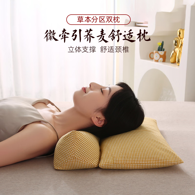 南极人（Nanjiren）全棉荞麦枕头单人枕芯枕头护颈枕颈椎病深度睡眠专用枕头成人一对 【牵引分区组合枕】小黄格小号【方枕40*22cm】