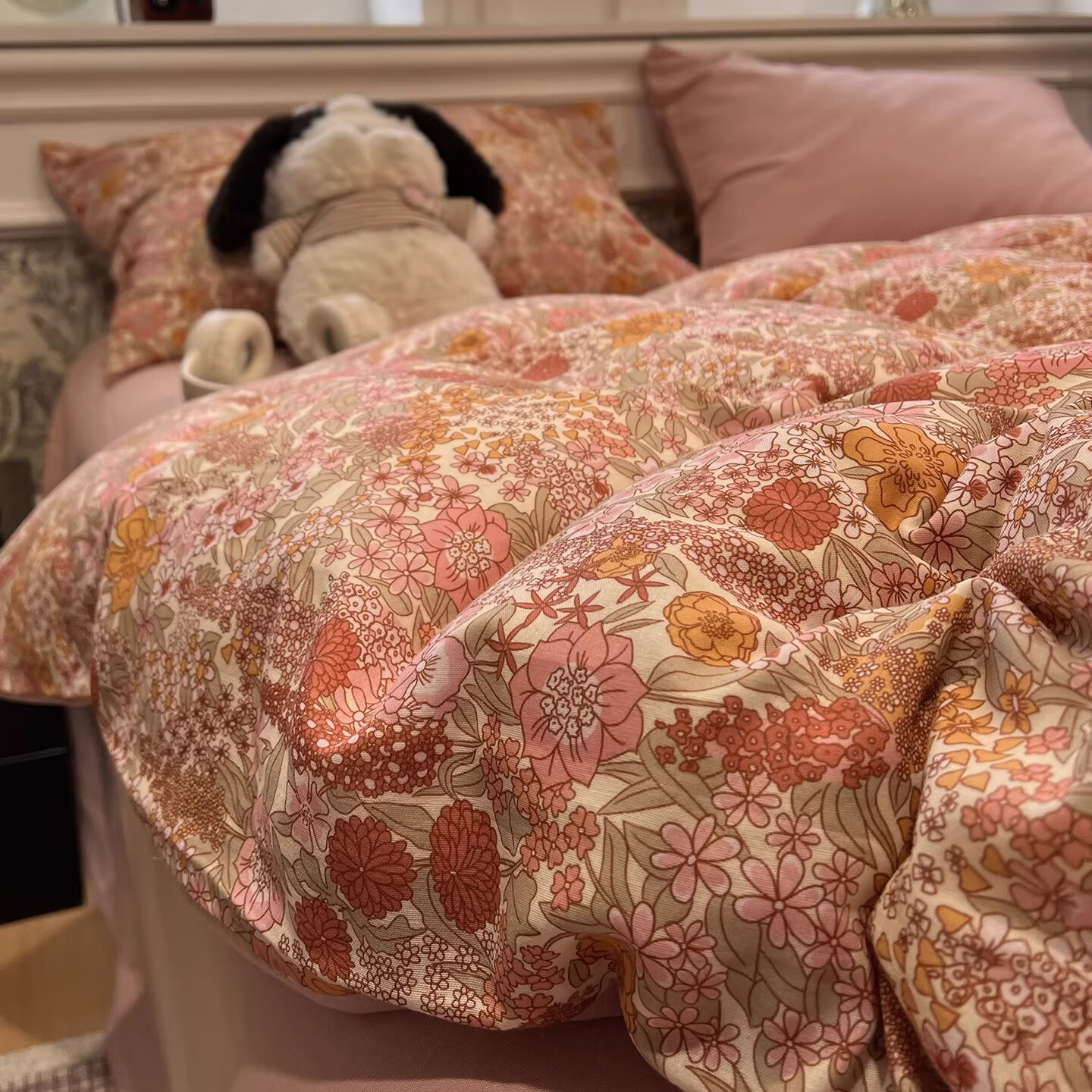 苏萱美式复古全棉双层纱床上四件套纯棉被套床单超级好看的主卧室床品 繁花谧园米 1.8m 床单款 四件套-被套200x230cm