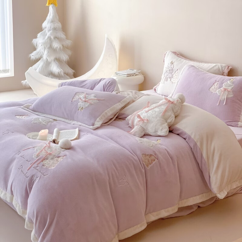 ROLAND LIVE高克重牛奶绒刺绣四件套可爱少女心被套床单加厚保暖绒床上用品 MX 牛奶绒四件套-甜梦雪松棠梨紫 1.5米床 床单款 【被套200*230cm】