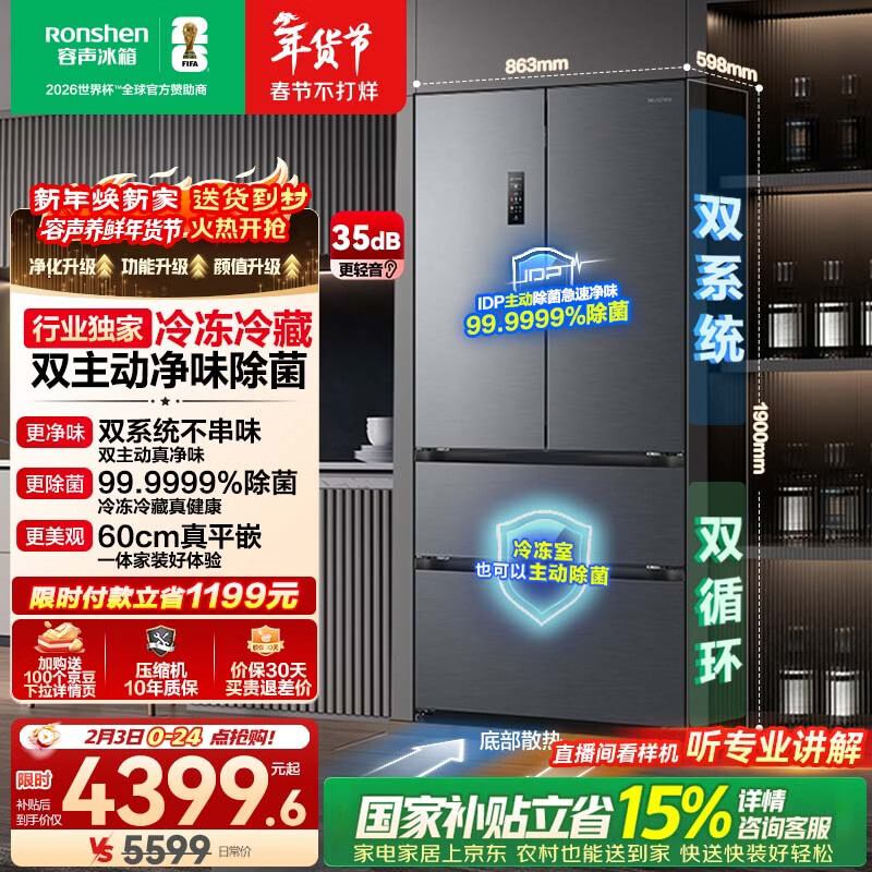 容声方糖515L法式多门冰箱双系统循环超薄零嵌入式一级能效风冷无霜四开门灰BCD-515P60FZMAD国家补贴