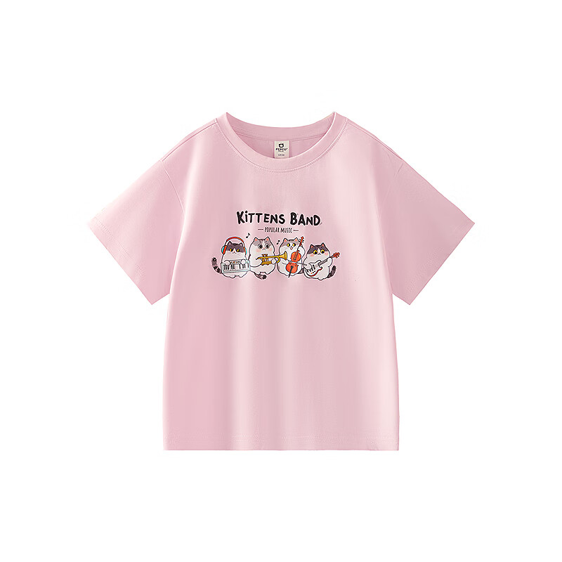 小猪班纳（PEPCO）【7A抗菌】2026夏季新款女童猫咪乐队图案圆领短袖针织衫T恤 粉红 150