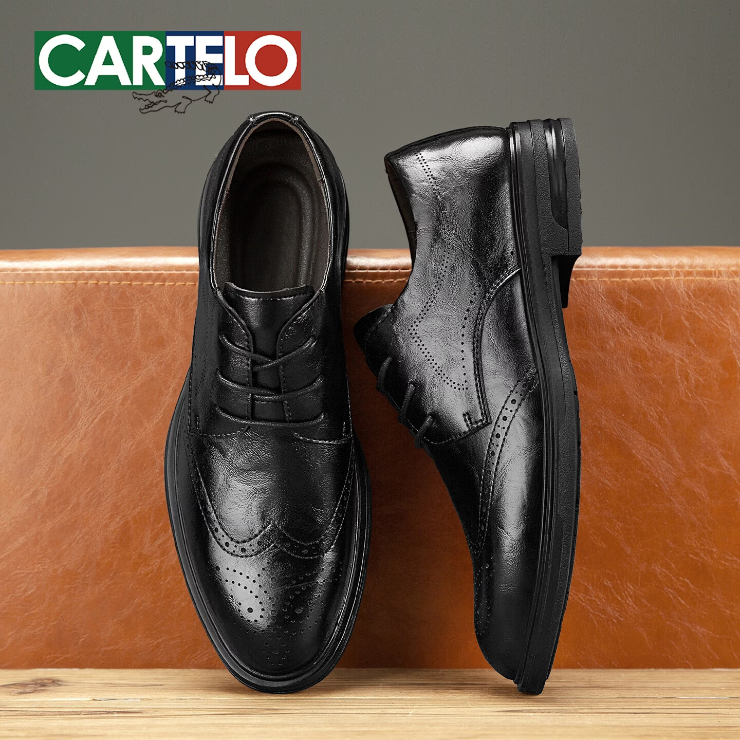 卡帝乐鳄鱼(CARTELO)棕色皮鞋男布洛克商务英伦风德比鞋男时尚软底新郎婚礼增高正装鞋 黑色 44 (270mm) 标准皮鞋尺码