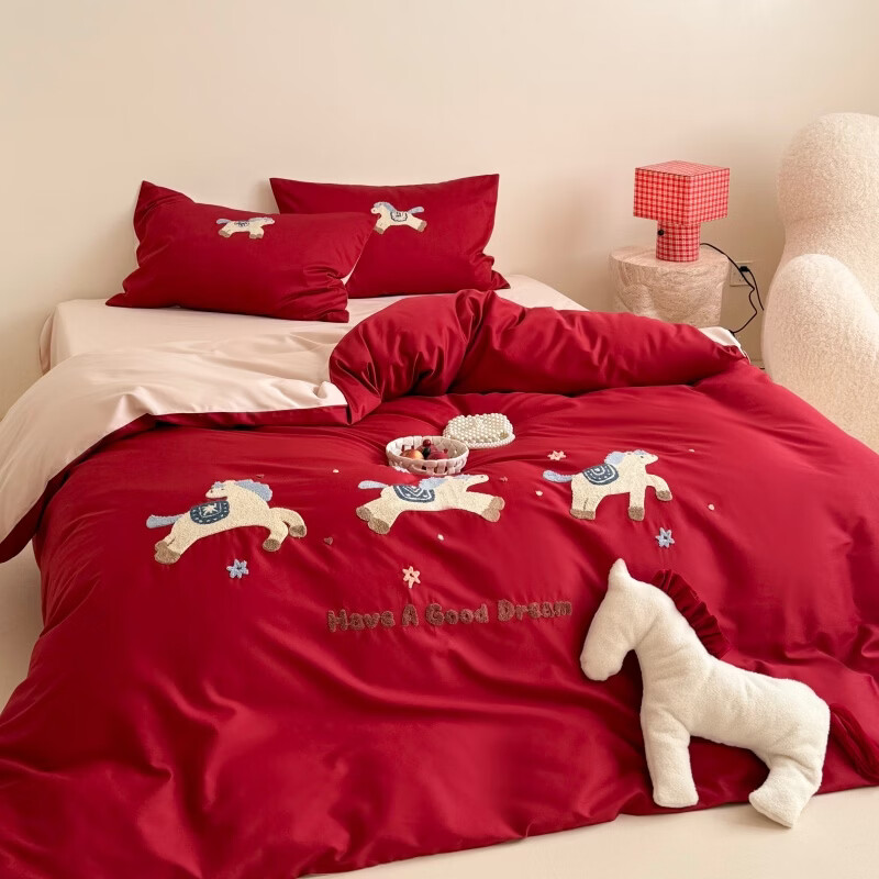 ROLAND LIVE红色喜庆长绒棉四件套全棉被套床单小马毛巾绣新年铺床床上用品 LB 长绒棉套件-幸运小马 床单款1.2米床丨被套150*200cm