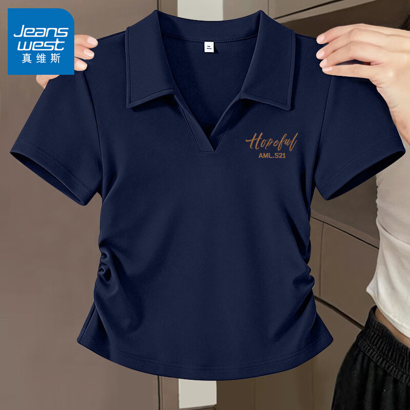 真维斯（Jeanswest）polo衫t恤女2026新款爆款V领正肩短袖修身显瘦女抽皱收腰短款上衣 藏青 带帽小熊_K M
