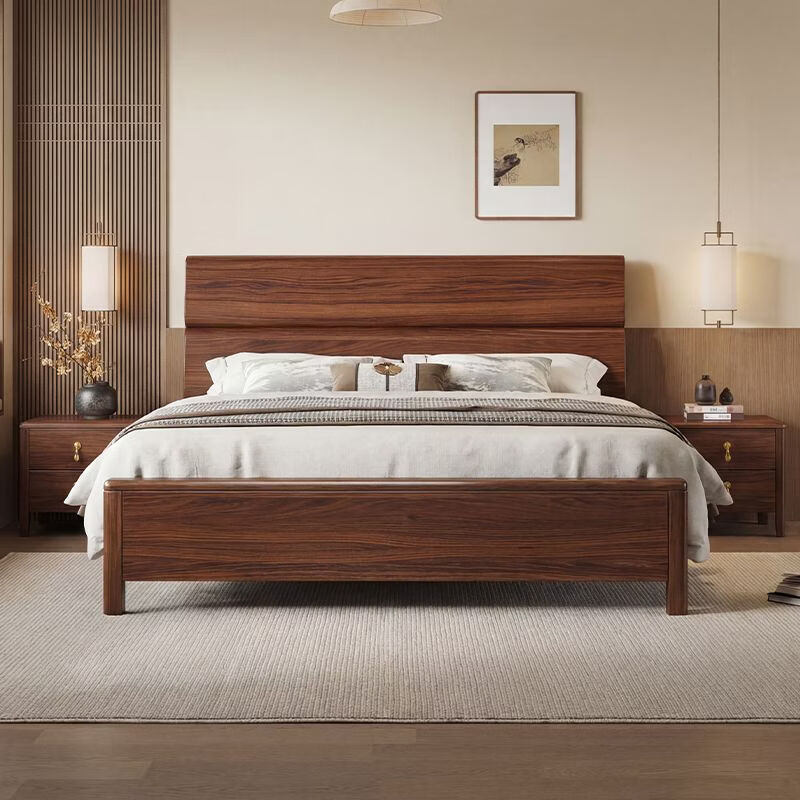 桓伊筝北美黑胡桃木实木床现代简约1.8米双人床主卧家用储物婚床 实木单床 1.5*2米 家具结构 卡槽静音松木床板