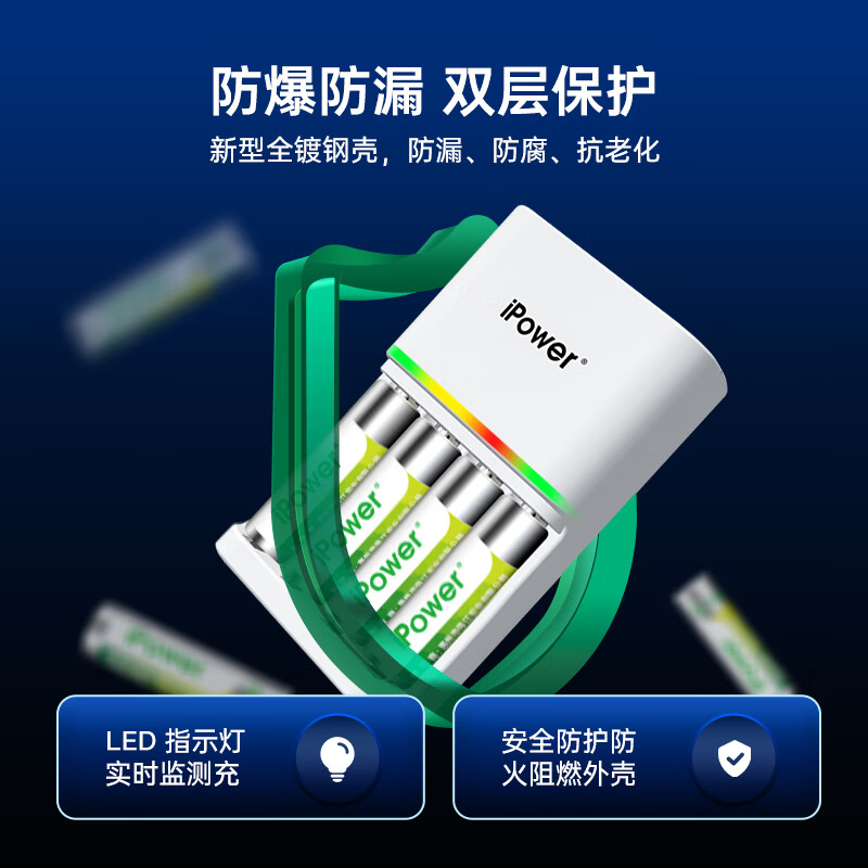 iPower充电电池5号电池7号镍氢电池2500毫安1.2V伏充电器快充折叠插座五号七号通用话筒麦克风相机玩具 4节5号+快充充电器 个