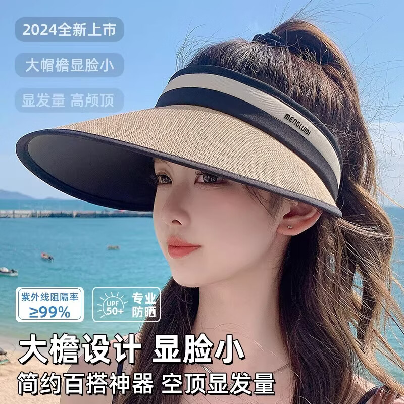 万宝绿户外遮阳草帽2026新款防晒帽子面罩女夏季防紫外线太阳凉帽大帽檐 【冰凉黑胶】卡其黑边款UPF50+
