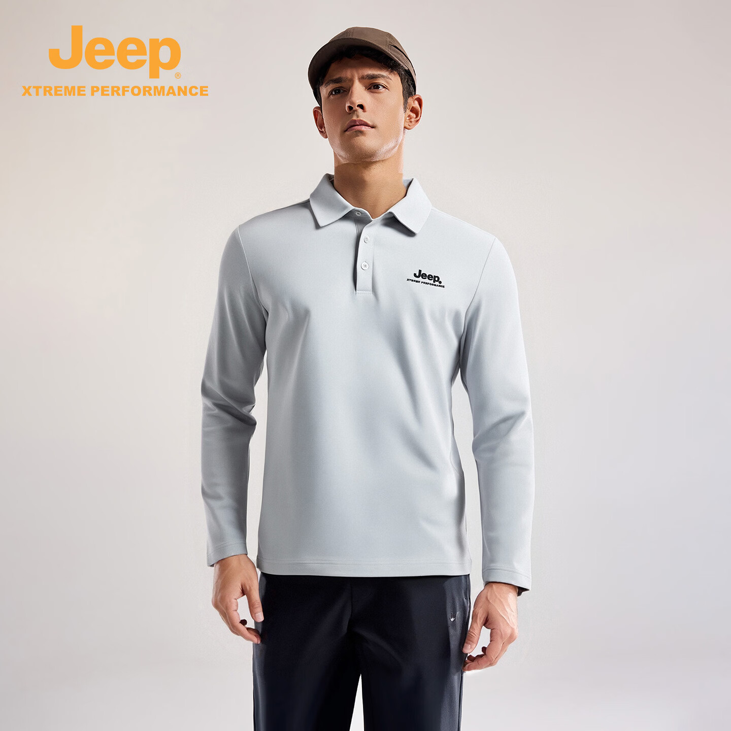 JEEP吉普男装户外休闲弹力吸湿透气翻领长袖T恤POLO打底衫 品牌黑 XS 160/84B