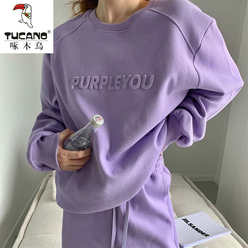 啄木鸟 啄木鸟春秋新款休闲服立体印花长袖圆领卫衣 抽绳运动休闲裤两