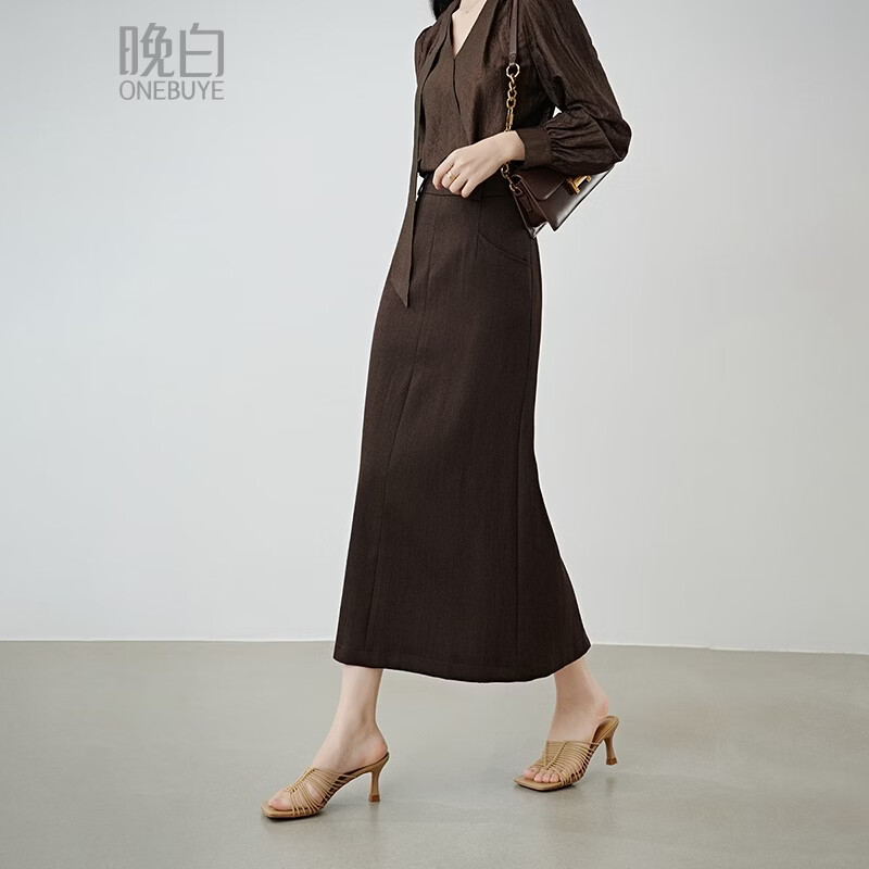晚白【新品】2026春款摩卡棕高腰直筒裙挺括修身莱赛尔天丝亚麻半身裙 深棕色 M