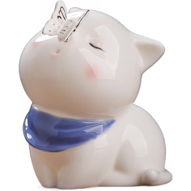 東方泥土陶瓷可愛小貓咪擺件 創(chuàng)意書桌辦公室工位解壓桌面動(dòng)物輕奢裝飾品 H03-57A_貓戲蝶【單只】