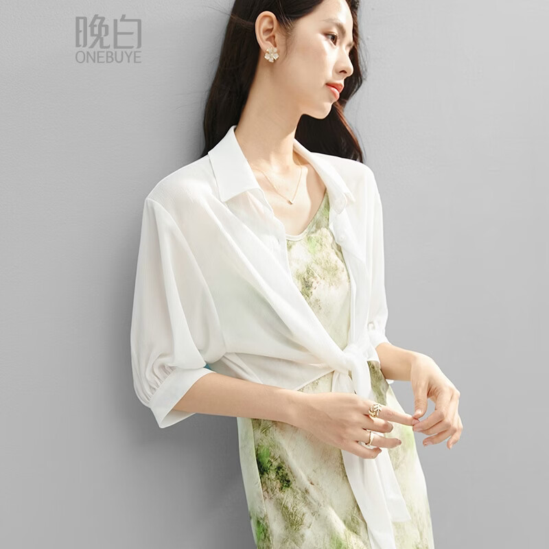 晚白【新品】2026年春款轻薄宽松中袖上衣慵懒随性系带百搭衬衫女 白色 M