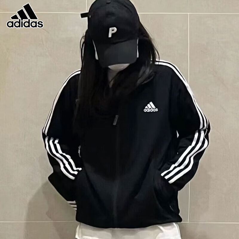 阿迪达斯（adidas）外套男装2026春季新款户外运动服梭织防风休闲舒适立领上衣夹克 H46099黑色三条纹建议/拍大一码 M