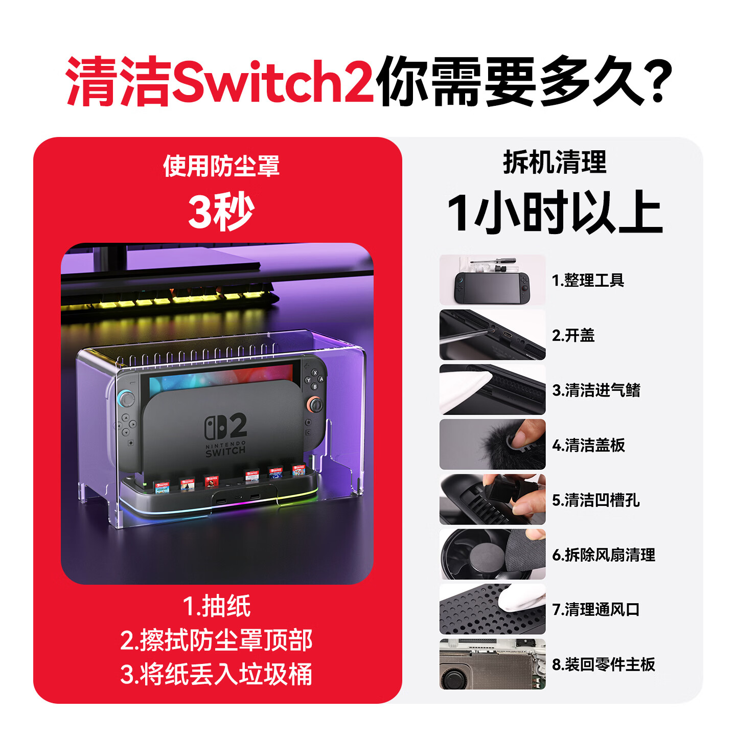新得利适用Switch2防尘罩任天堂switch主机散热罩透明盖ns2底座收纳盒亚克力保护壳二代游戏机oled配件 【主机散热防尘罩】Switch1/2主机通用