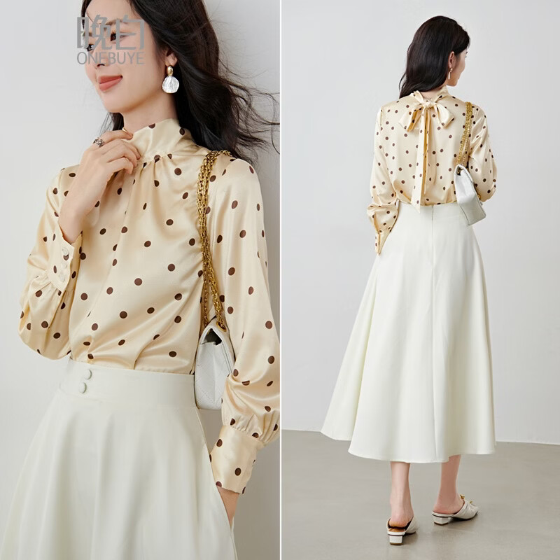 晚白【新品】2026春款法式优雅波点蝴蝶结系带上衣丝滑缎面气质衬衫女 波点 M