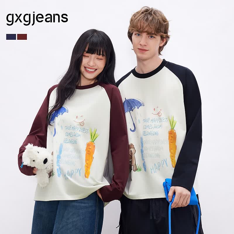 gxgjeans男装潮流印花宽松休闲圆领长袖T恤26春新品 藏青色 180/XL