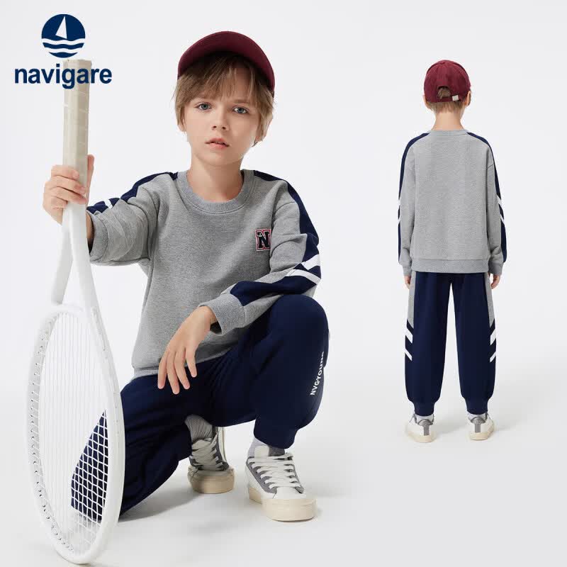 纳维凯尔（Navigare）意大利小帆船童装儿童套装男童卫衣卫裤中大童运动套装中 拼色帆船花灰+深蓝 120