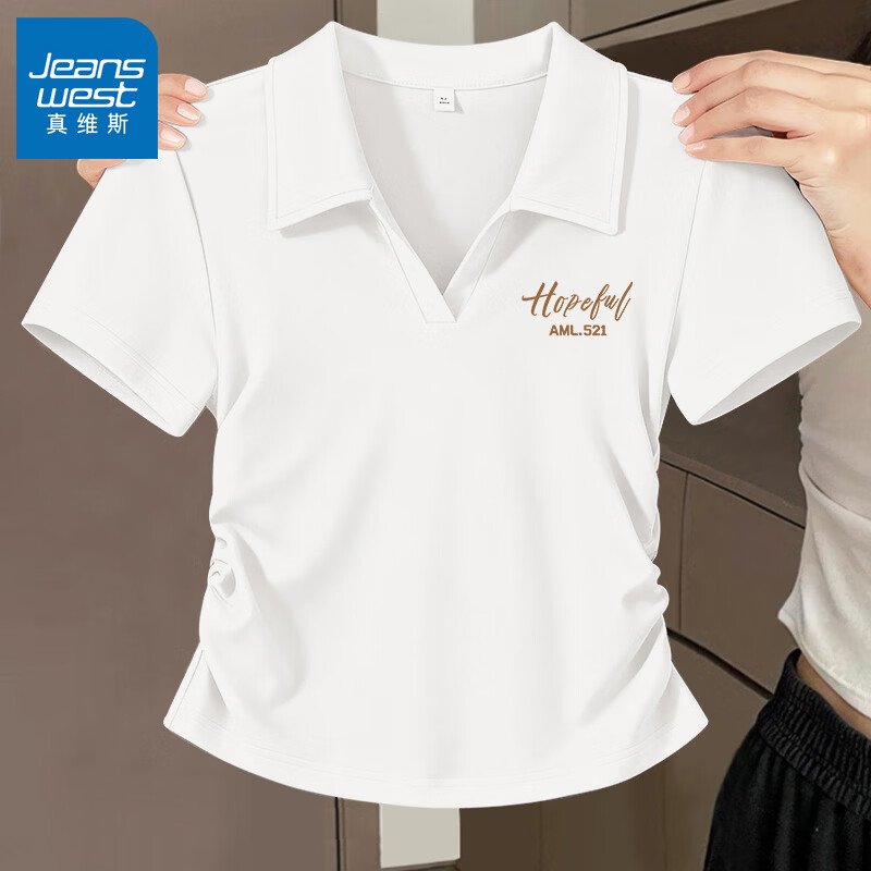 真维斯（Jeanswest）polo衫t恤女2026新款爆款V领正肩短袖修身显瘦女抽皱收腰短款上衣 白色 带帽小熊_K S