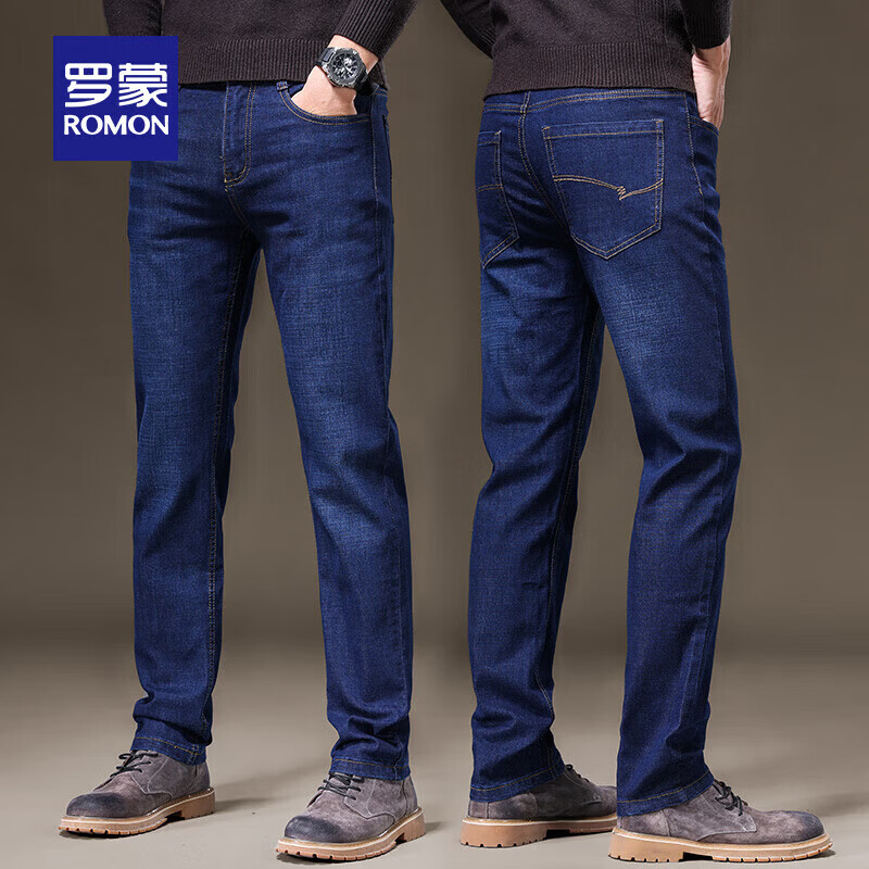 罗蒙（ROMON）牛仔裤男秋冬新款商务休闲宽松直筒男裤工装弹力长裤子男 S1K34208H蓝色 29 （2尺2） 京东折扣/优惠券