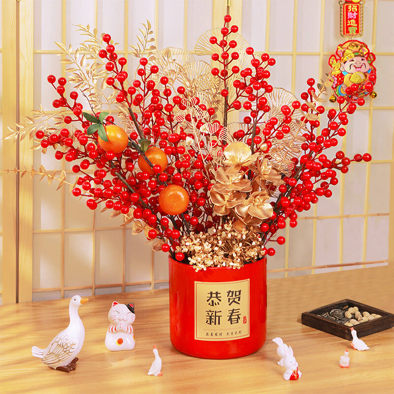 欢喜庆2026马年发财果福桶过年客厅红果抱抱桶摆件装饰布置用品年宵花 【福气盈门】成品福桶摆件