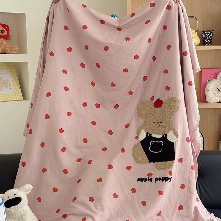 苏萱卡通抱熊小狗毛巾绣全棉双层纱毛毯儿童学生宿舍毯子午睡沙发盖毯 苹果小狗 单人毯：150x200cm