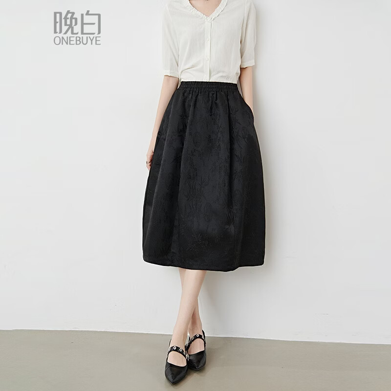 晚白【新品】2026年春款复古国风暗纹提花半身裙松紧腰廓形显瘦花苞裙 黑色 L