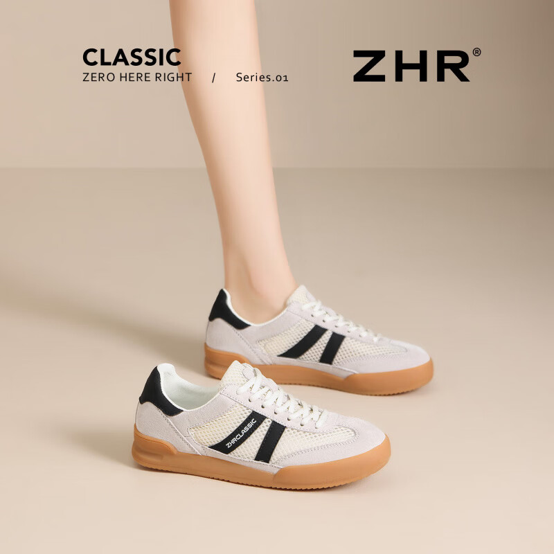 ZHR则则板鞋女网面透气休闲时尚德训鞋新款平底经典百搭系带小白鞋女 灰黑色 【网面四季款】 37