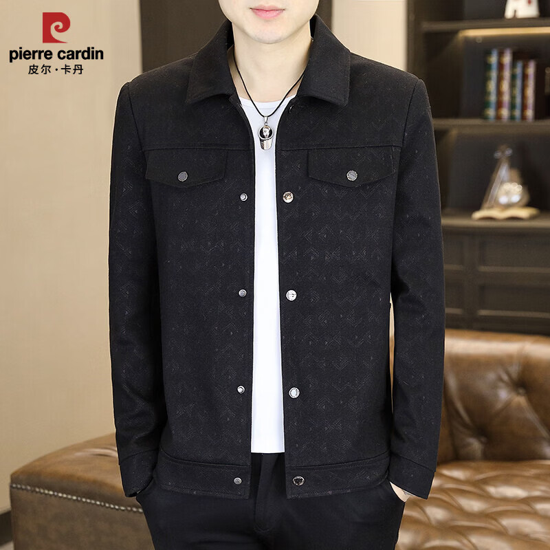皮尔卡丹男装高端新款春秋季商务轻奢夹克休闲翻领青年简约成熟风外套高端 黑色 L