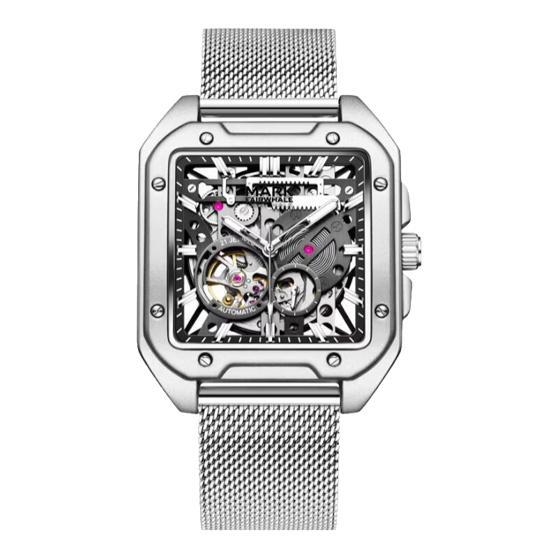 馬克華菲（MARK FAIRWHALE）手表男機(jī)械表全自動(dòng)男士手表夜光防水十大名表學(xué)生男表情人節(jié)禮物 網(wǎng)帶銀黑【免費(fèi)刻字+精美禮盒】