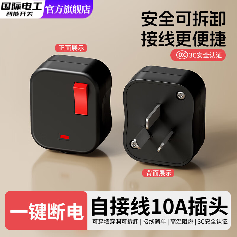 国际电工（FDD）插头电源插头插座无线自行接线三脚插头带开关可拆卸10A三脚插头 黑色-带开关三脚插头10A(一只装)