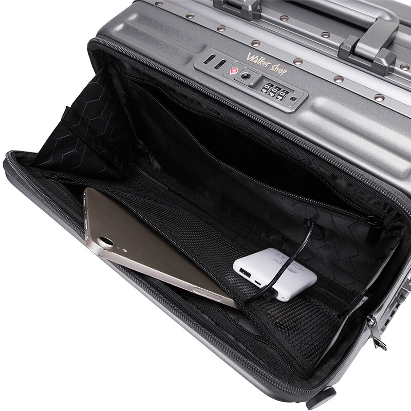 Walker Shop行李箱2026新款前开口商务登机箱多功能托运拉杆箱密码旅行箱 黑色 20英寸 【登机箱/前开盖+杯架+刹车轮】