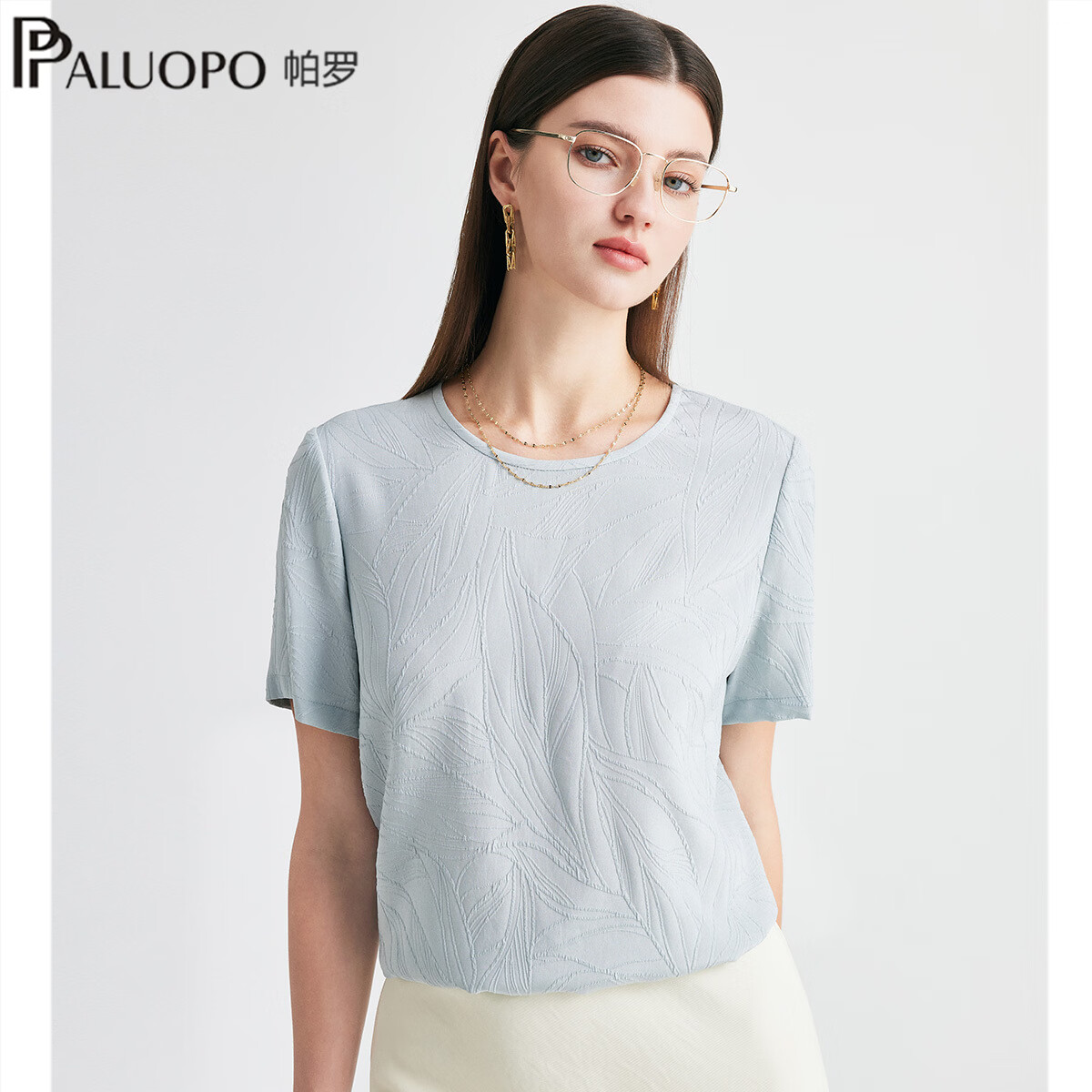 帕罗(PALUOPO)19姆米冠乐绉真丝短袖T恤女2026夏季新款休闲圆领提花半袖上衣 蓝色 XL 170/92A