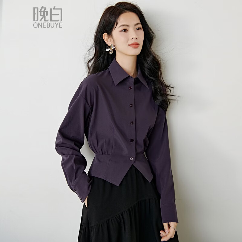 晚白【新品】2026春款翻领法式短款小个子上衣褶皱设计感收腰气质衬衫 紫色 M