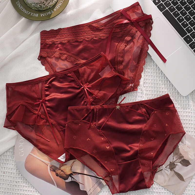 羅亨士情侣内裤红色一男一女生冰丝蕾丝性感双人诱惑情趣夫妻房事底裤衩 侧大蝴蝶结 2条 2XL 男+女L码