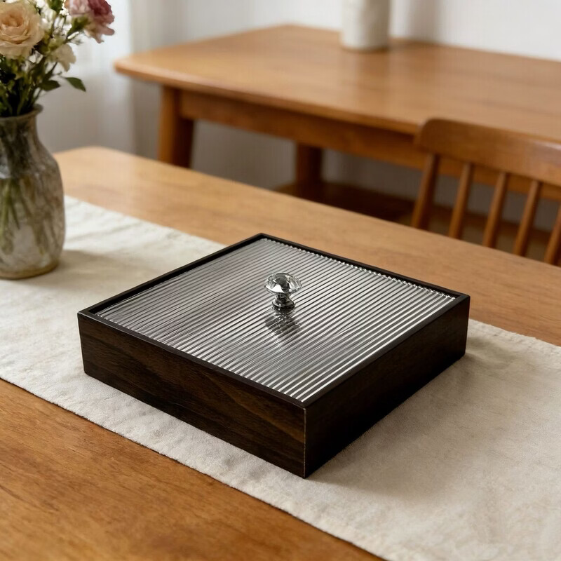 咏幻中式坚果零食糖果收纳盒客厅家用新年分格干果瓜子糖果盒实木果盘 胡桃色 23*23 - 带盖 四格