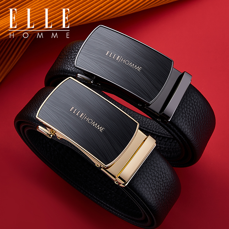 ELLE HOMME法国品牌男士皮带男自动扣真皮腰带牛皮裤带情人节礼物送男友老公 【橙色礼盒】902045时尚金色 115cm -130cm随机发(可修剪）