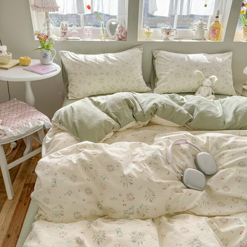 一默四件套2026款A类古法水洗仿棉云感纱被套床单床笠枕套家用四件套 烟花星语 2.0m 床单款 (被套200*230cm) 四件套