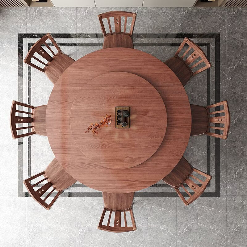 恩希仕带转盘圆形桌面餐桌 桃花芯实木圆桌面板 15人家用餐厅加厚大圆桌 桃花芯[桌面+实木转盘+桌架 1.8米 2.2CM厚度