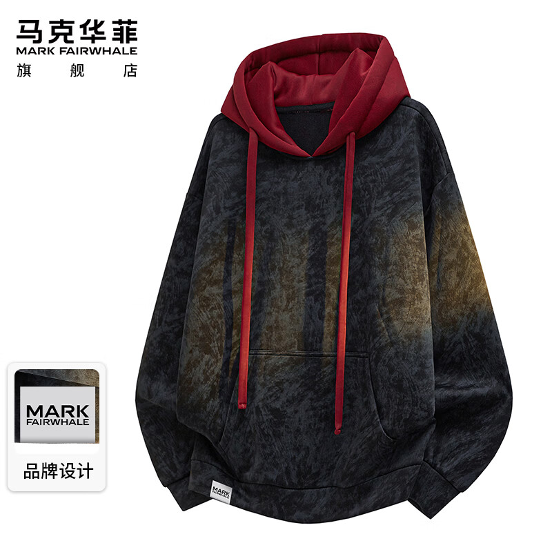 马克华菲（MARK FAIRWHALE）连帽卫衣男士春秋季撞色休闲外套男装潮牌宽松上衣服 黑色 2XL