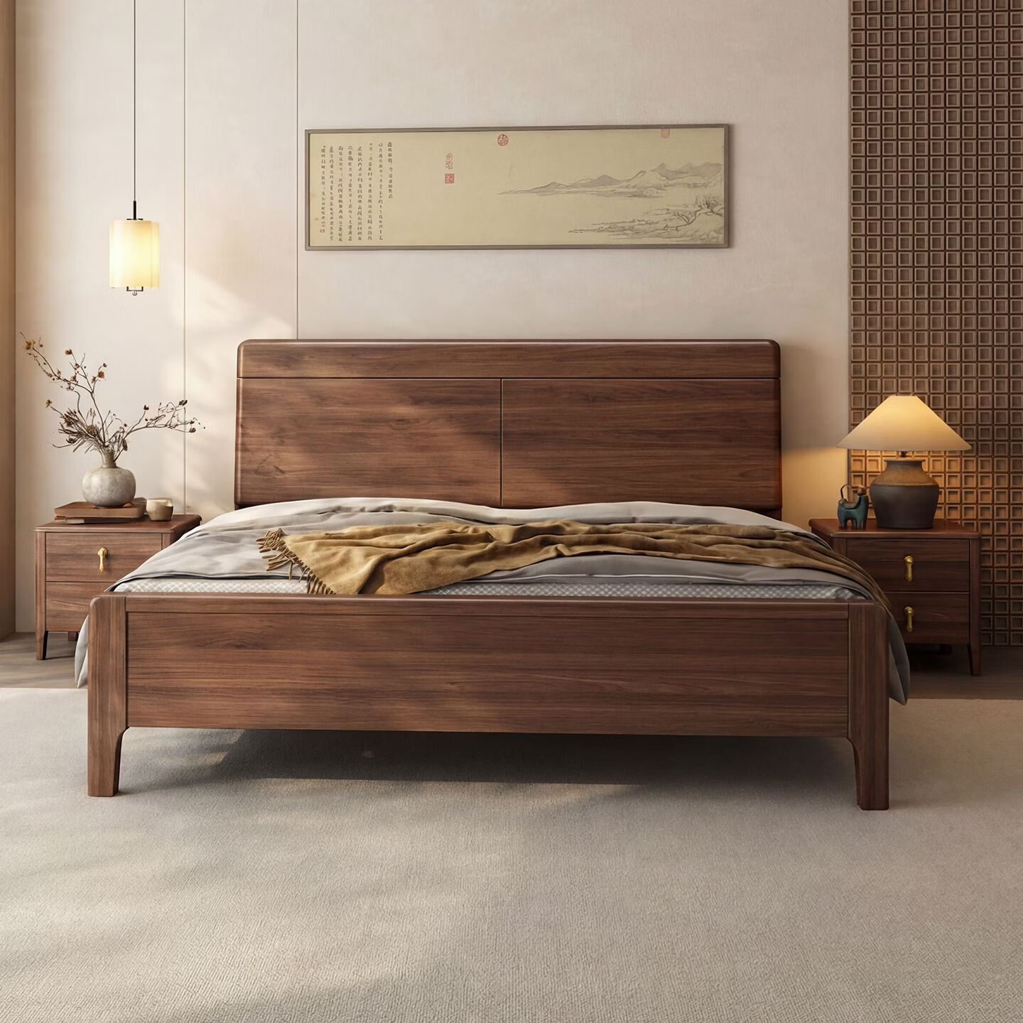 桓伊筝北美黑胡桃木实木床现代简约1.8米双人床主卧家用储物婚床 实木单床 1.5*2米 家具结构 卡槽静音松木床板