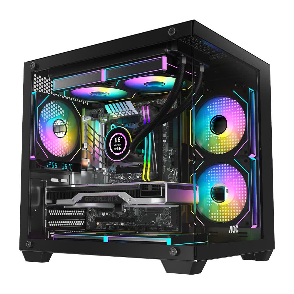 AOCCG391B黑色 游戏电脑主机海景房机箱 双面玻璃/支持MATX主板/240水冷/7风扇位/270°全景/左右分仓