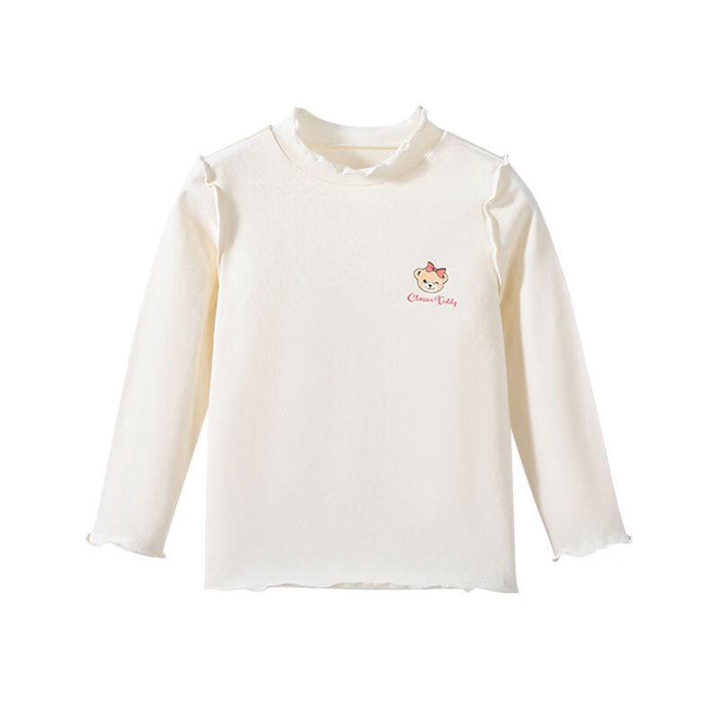 Classic Teddy儿童上衣女童秋季精致花边圆领套头打底衫T恤童装秋装新品 精致花边打底衫-米白 90