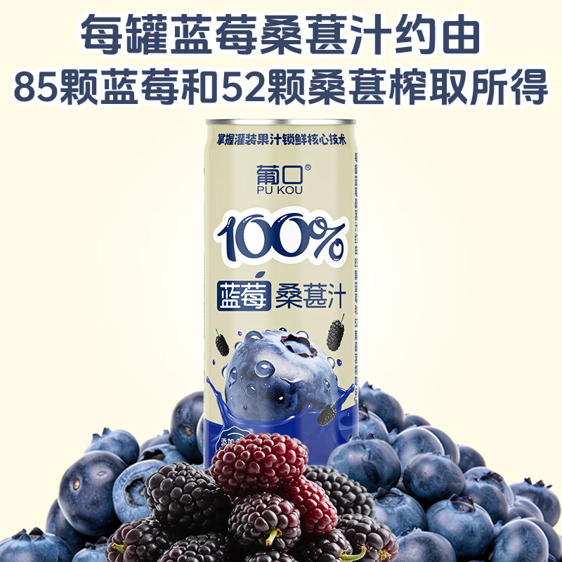 葡口(pukou)果肉饮料果汁清甜解腻饮料健康饮品干净0添加防腐剂 【蓝莓桑葚汁】320ml*6罐 夏日冰镇更好喝
