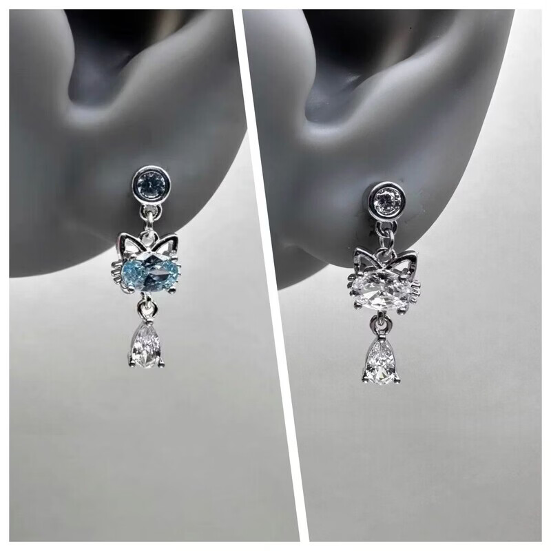 KZD老凤凰Vintage古着灵猫钛钢耳骨钉小众设计独特ins风猫咪吊坠耳饰 灵猫钛钢螺旋钉【一对】蓝色